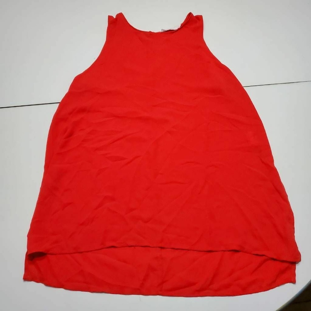 Lush Womens Tank Top Red Lightweight Side Slits Crew Neck High Low Button S
